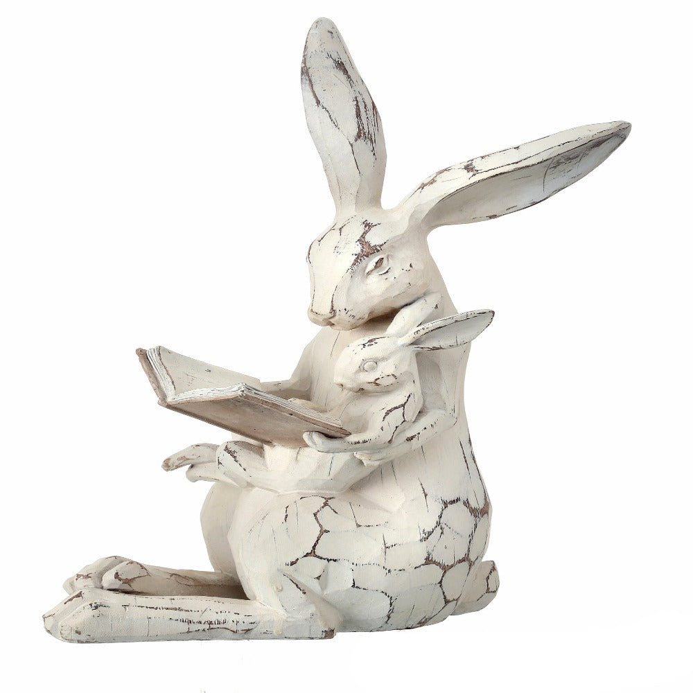 CARVED BUNNY & BABY W BOOK 11"-RESIN