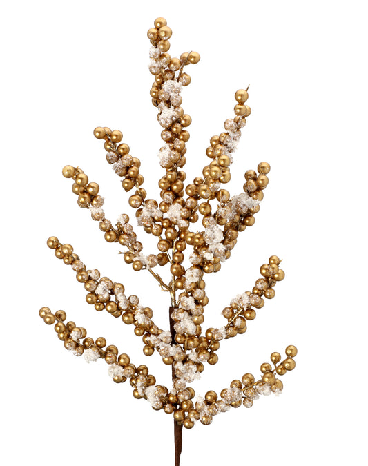 29" Snow Crusted Gold Metallic Berry Cluster Spray – Elegant Christmas Décor Accent