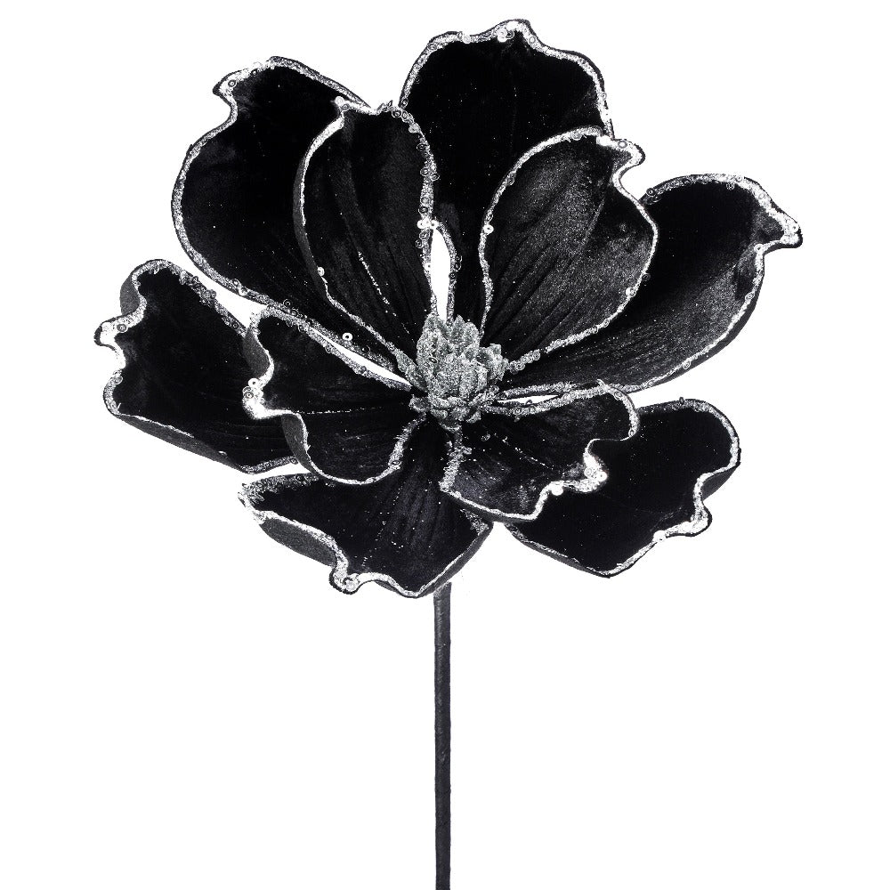 24" Black and Silver Sequin Edged Opulent Magnolia Stem - Glamorous Christmas Floral Decoration