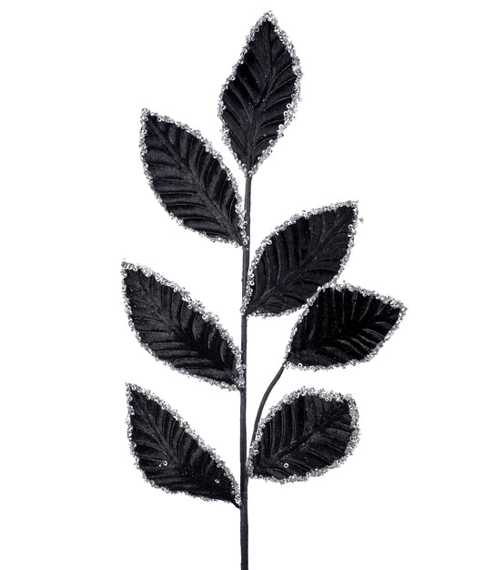 26" Black with Silver Trim Sequin Edged Opulent Leaf Spray -  Elegant Christmas Floral Decoration