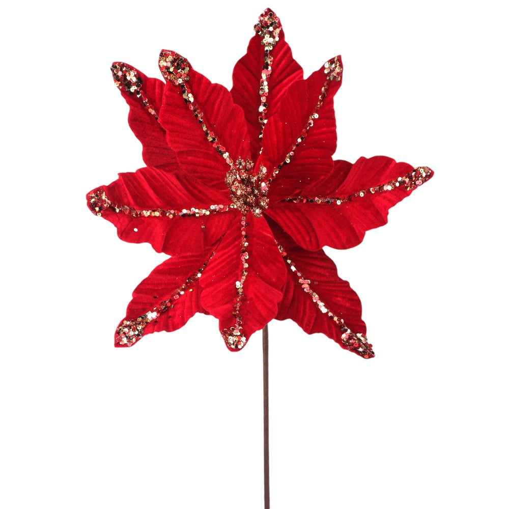 24" Red Glitter Tip/Vein Velvet Poinsettia Stem - Elegant Christmas Floral Decoration