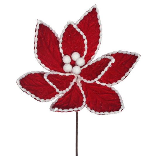 24" Red Velvet Poinsettia Flower with White Cotton Bead Edge – Elegant Christmas Floral Decoration