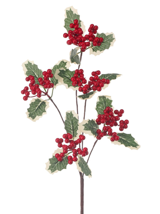 26" Waterproof Variegated Holly Spray – Red/Green Christmas Decoration