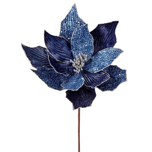 24" Blue Velvet Beaded Poinsettia Flower - Elegant Christmas Floral Decoration