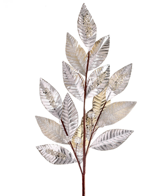 28" Metallic Beaded Aspen Leaf Spray in Champagne - Elegant Christmas Floral Decoration