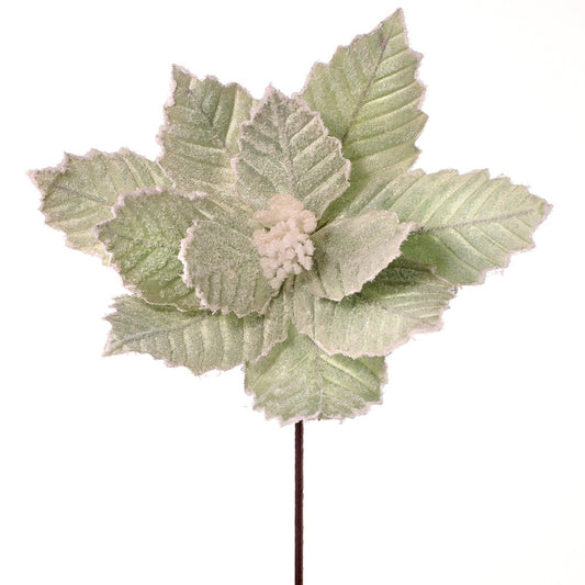 24" Velvet Pastel Green Poinsettia Stem with Snow Edge and Glitter – Elegant Christmas Floral Decoration
