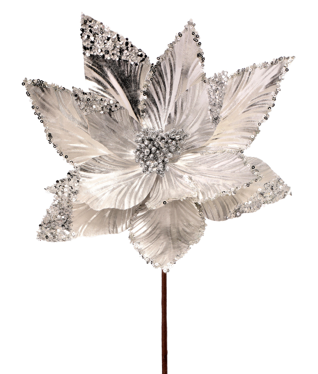 24" Silver Metallic Sequin Edge/Tips Poinsettia Stem - Elegant Christmas Floral Decoration