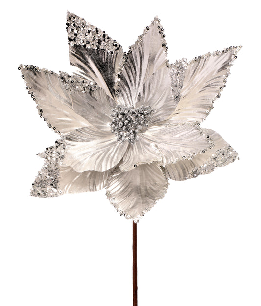 24" Silver Metallic Sequin Edge/Tips Poinsettia Stem - Elegant Christmas Floral Decoration