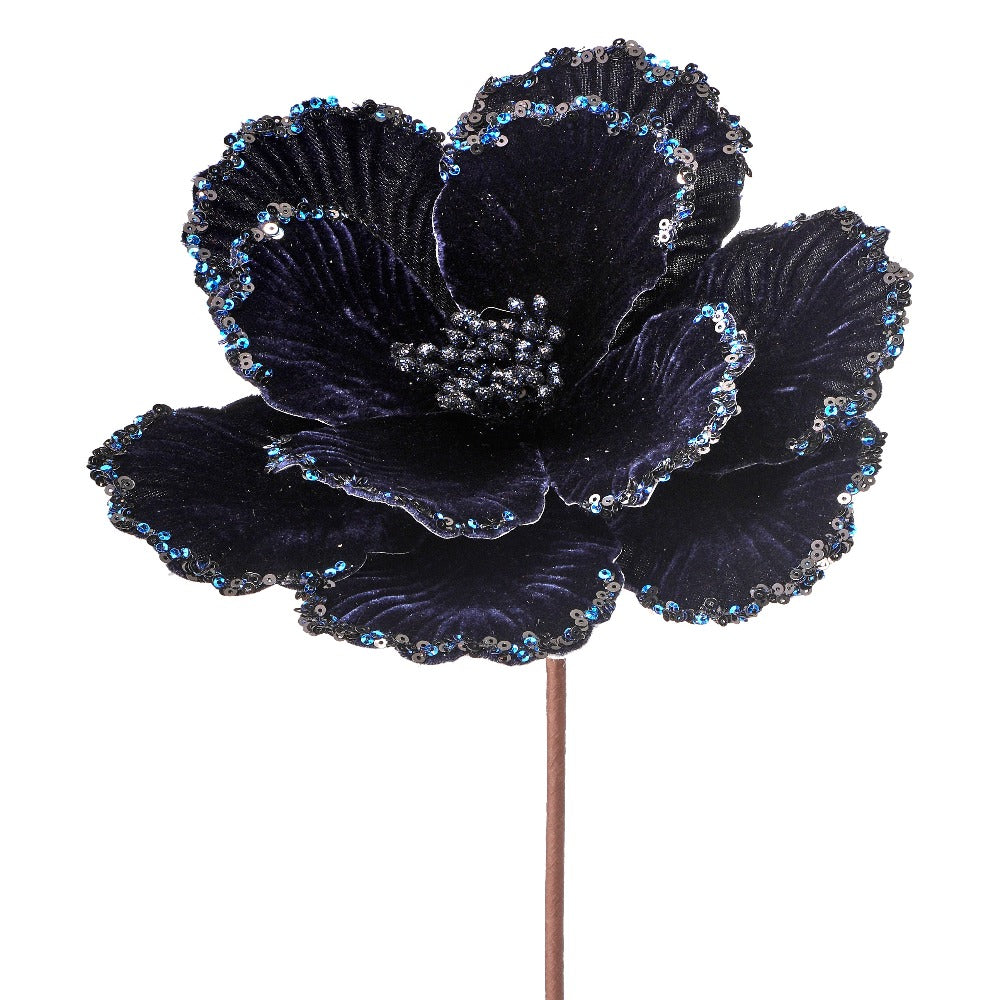 24" Midnight Blue Velvet Floral Pick with Sequins – Elegant Christmas Flower Decoration