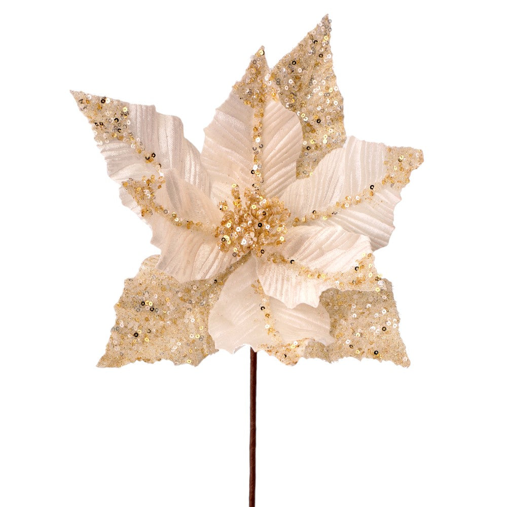 24" Ivory Velvet Poinsettia Stem with Gold Glitter/Sequin Stripe Elegant Christmas Floral Decoration