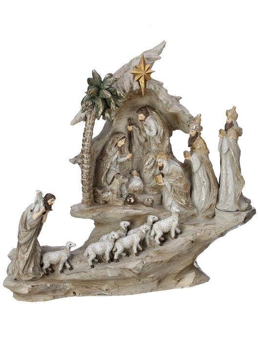 13.5" Resin Stairway Nativity with Sheep Herd for Christmas Display