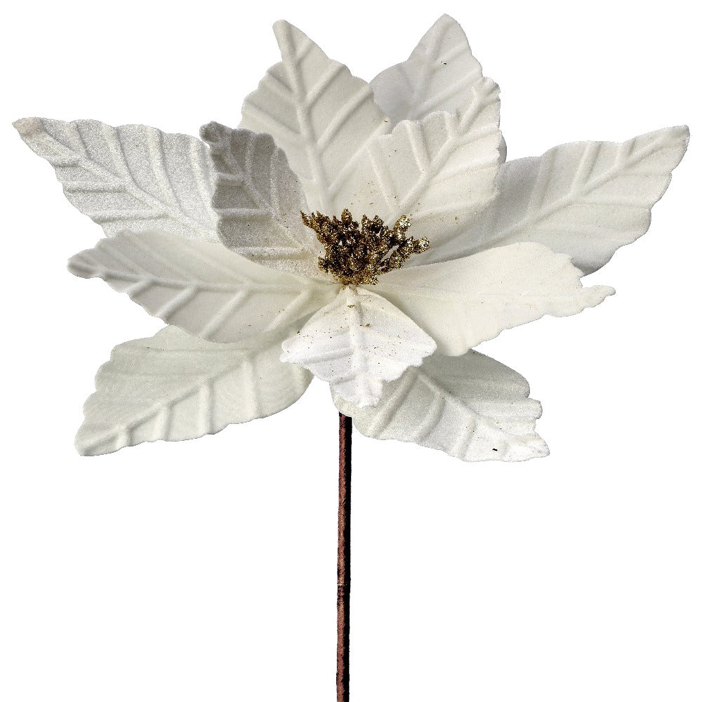 24" Ivory/White Velvet Poinsettia Flower with Gold Glitter Center - Luxurious Christmas Floral Decoration