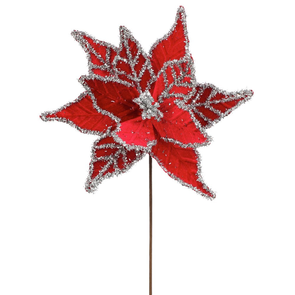 24" Red Tinsel Edge Velvet Poinsettia Flower – Elegant Christmas Floral Decoration