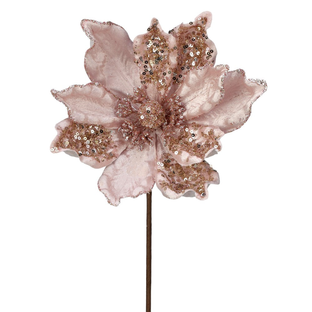 24" Blush/Pink Velvet Sheen Sequin Magnolia Stem - Elegant Christmas Floral Decoration
