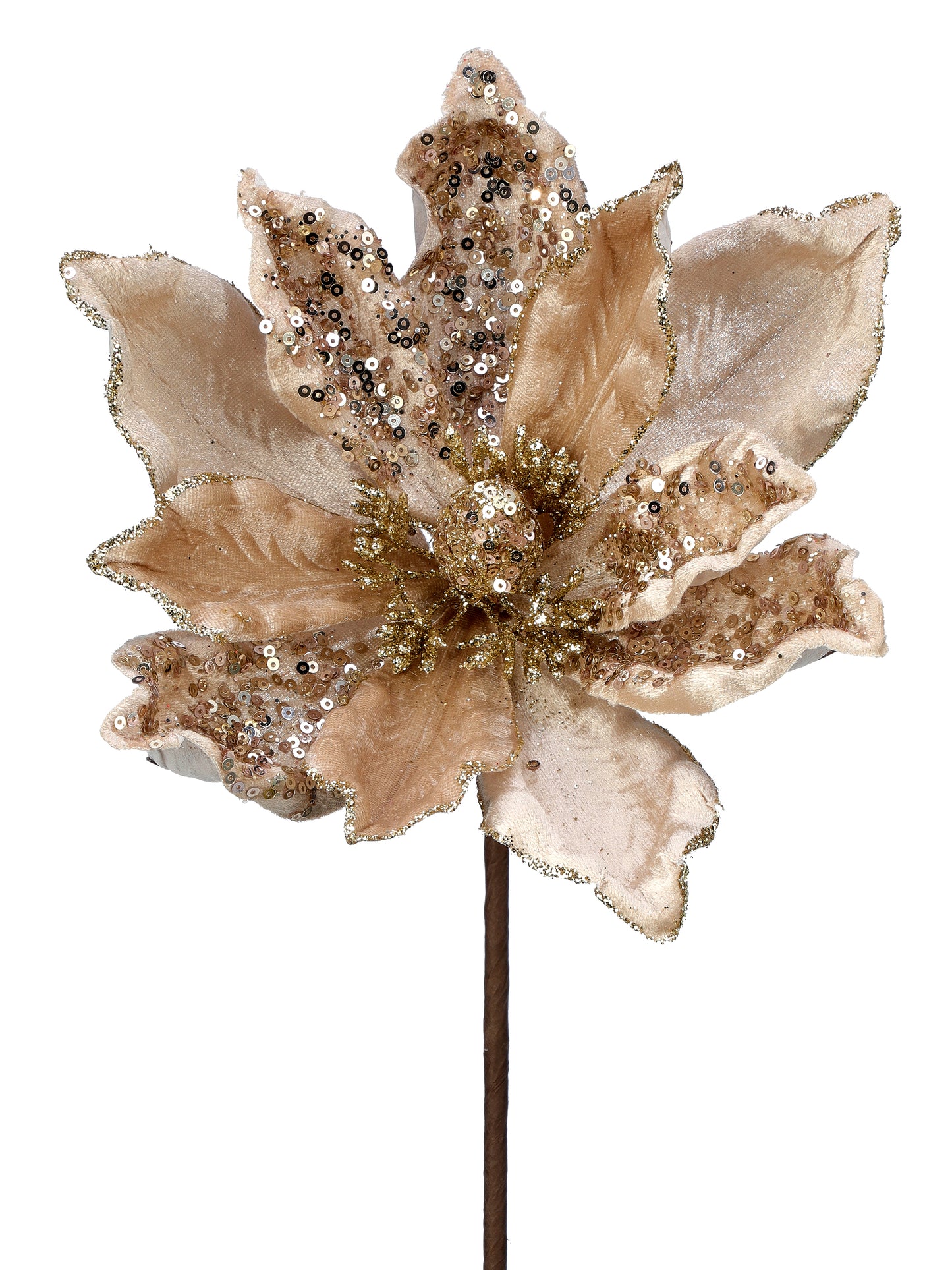 24" Champagne Velvet Sheen Sequin Magnolia Stem - Elegant Christmas Floral Decoration