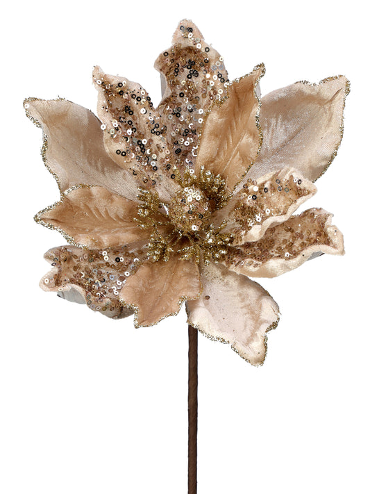 24" Champagne Velvet Sheen Sequin Magnolia Stem - Elegant Christmas Floral Decoration