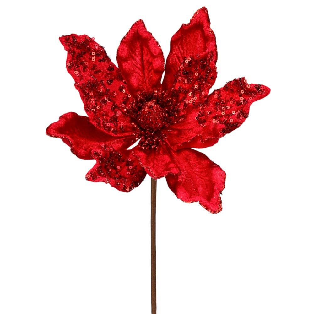 24" Red Velvet Sheen Sequin Magnolia Stem -  Elegant Christmas Floral Decoration