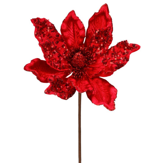 24" Red Velvet Sheen Sequin Magnolia Stem -  Elegant Christmas Floral Decoration