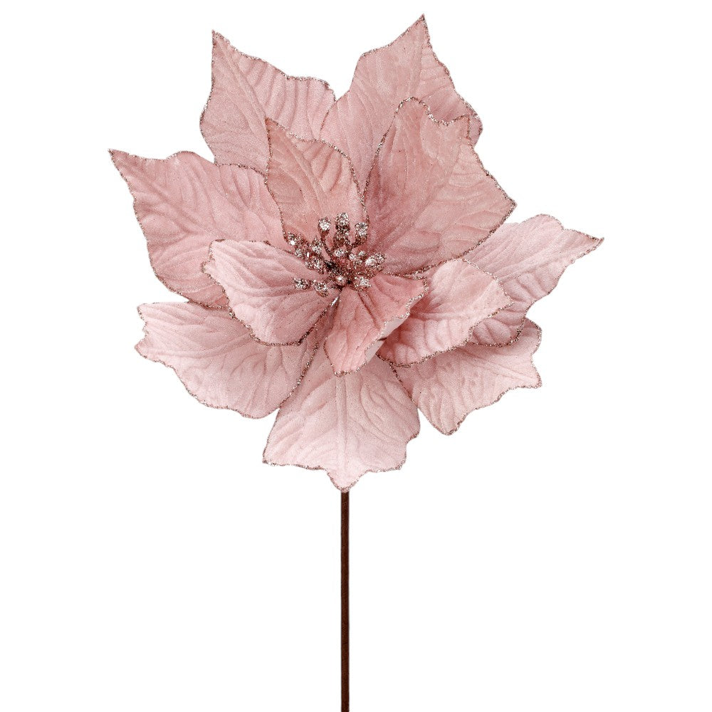 24" Blush Pink Velvet Poinsettia Stem - Elegant Christmas Floral Decoration