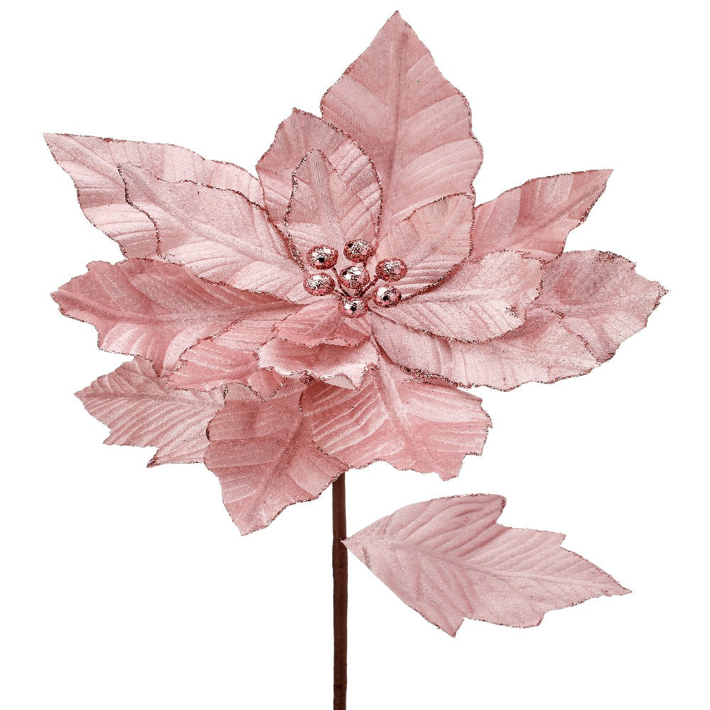 24" Pink Velvet Poinsettia Flower with Glitter Edge – Elegant Christmas Flower Decoration