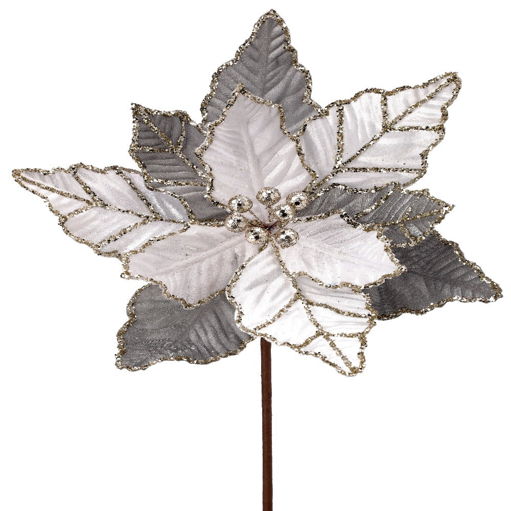 24" White & Silver Glitter Poinsettia with Gold Trim