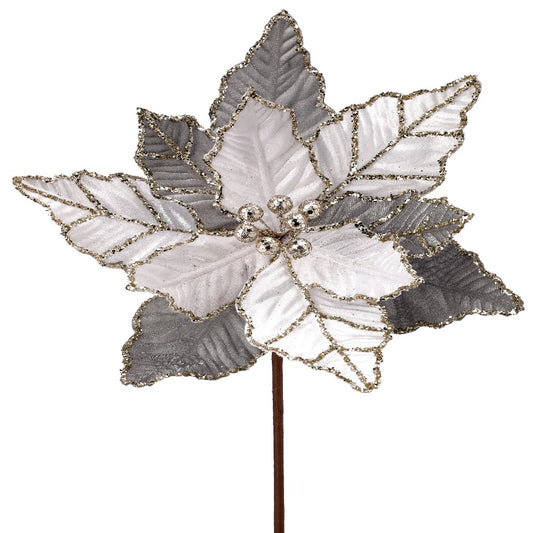 24" White and Silver Glitter Vein Poinsettia Flower with Gold Trim -  Christmas Floral Decoration