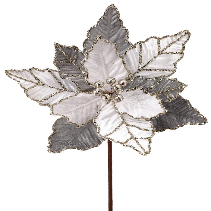 24" White & Silver Glitter Poinsettia with Gold Trim