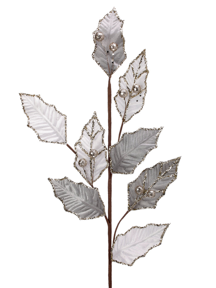 30-inch glittered silver leaf and berry Christmas spray