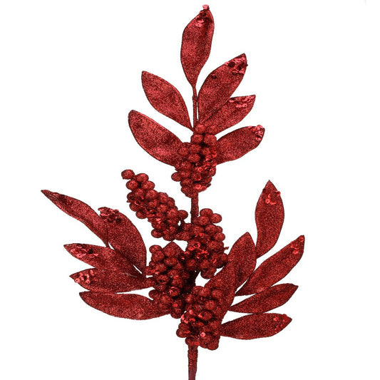 26" Red Glitter Berry and Leaf Spray – Festive Christmas Decoration