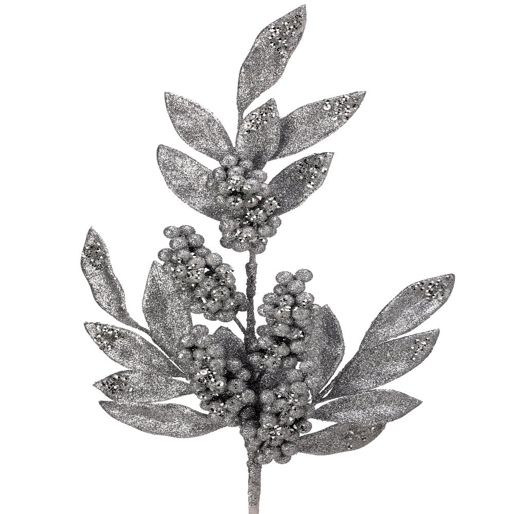 26" Silver Glitter Berry/Leaf Spray – Elegant Christmas Decoration