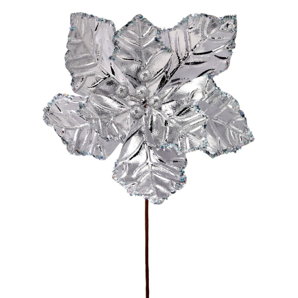 24" Shiny Silver Poinsettia Flower