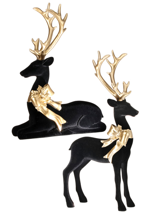 14-20" Resin Flocked Elegant Deer Set Black and Gold  – Assorted Christmas Decorations