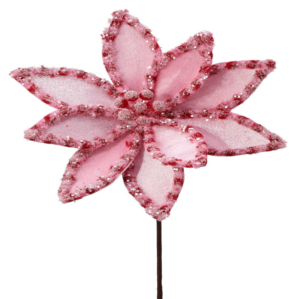 22" Red and Pink Candy with Snow Glitter Poinsettia Stem – Elegant Christmas Floral Decoration