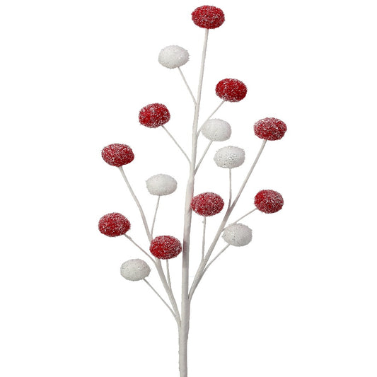 21" Red and White Pompom Spray with Snow Glitter – Festive Christmas Decoration