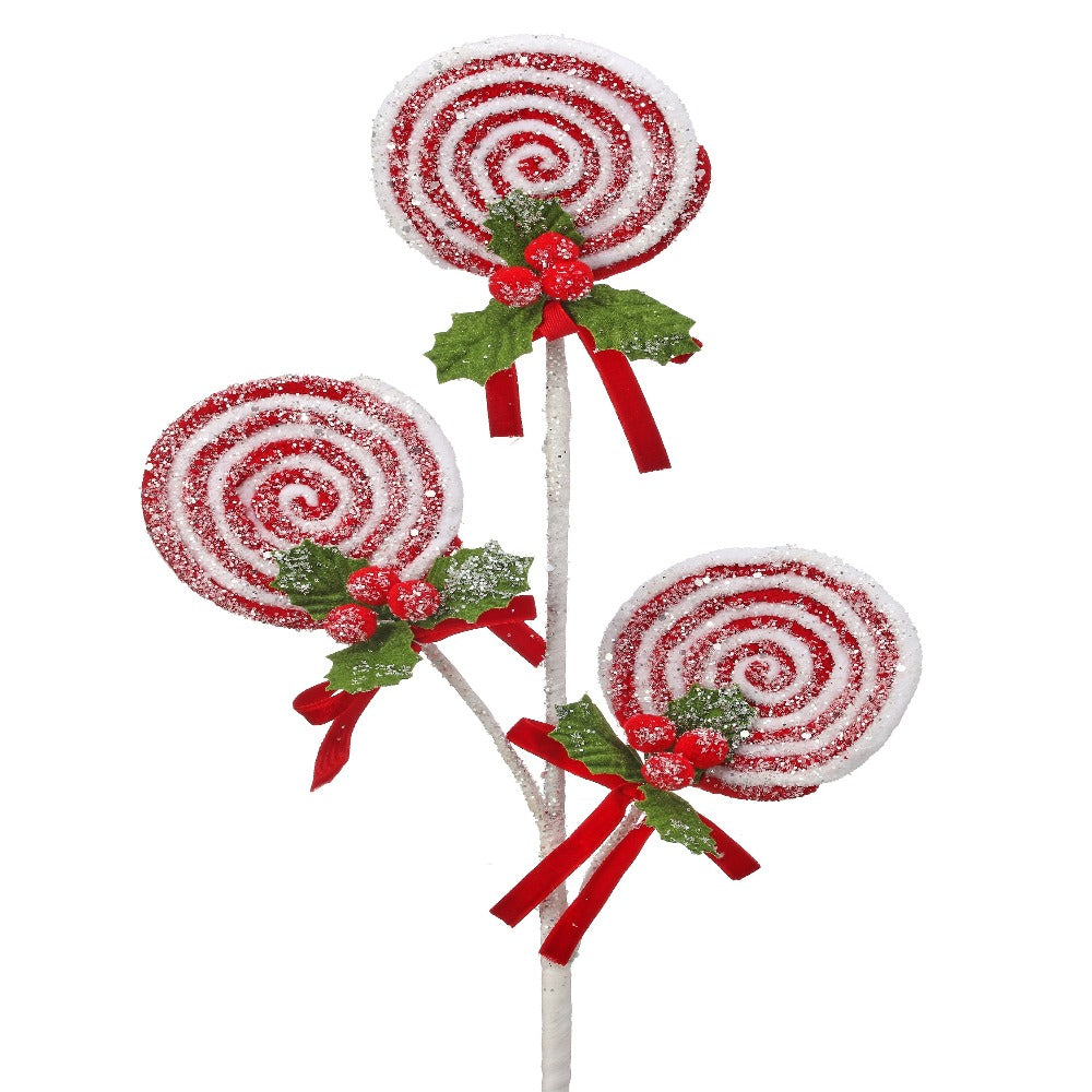 25" Lollipop with Pompom Holly Spray – Festive Christmas Floral Pick