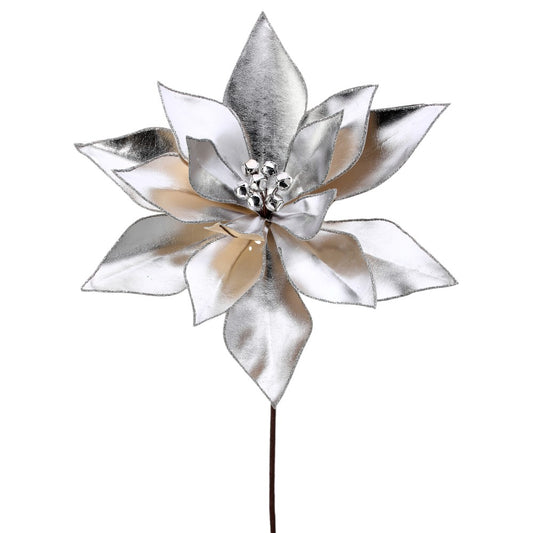 24" Silver Retro Poinsettia Stem with Jingle Bells | Vintage Christmas Floral Decoration