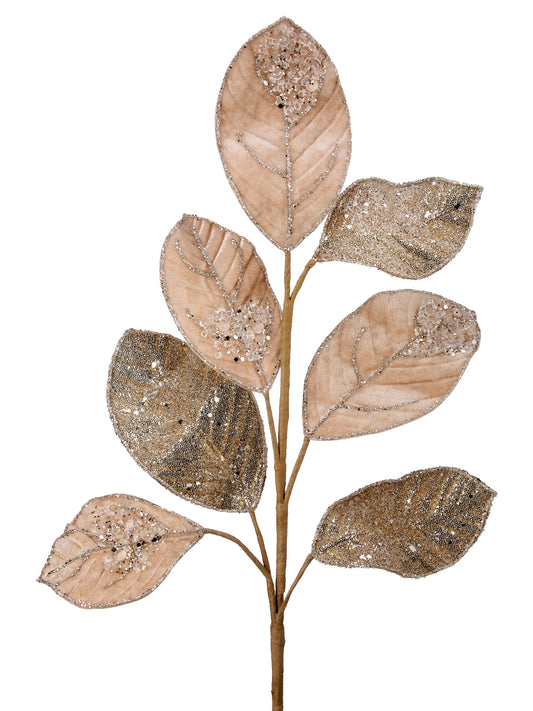 26" Velvet Glittered Salal Leaf Spray in Champagne Gold – Elegant Home Decor & Christmas Floral Arrangement