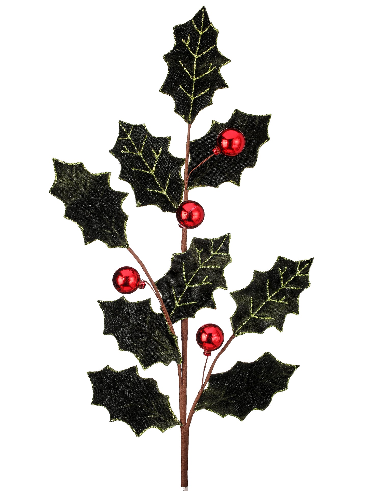 27" Dark Green Velvet Holly Leaf Spray with Red Berry Ball - Elegant Christmas Floral Decoration