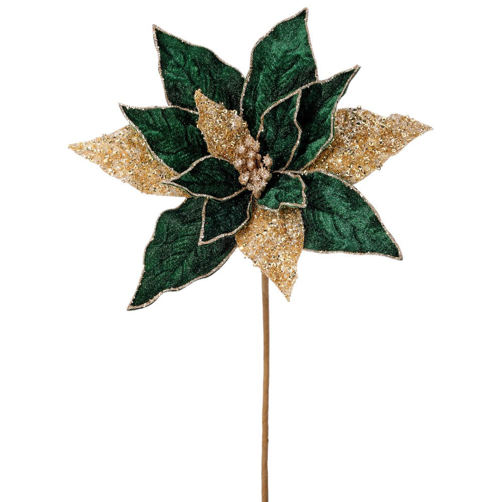 24" Green and Gold Velvet Poinsettia Stem with Glitter – Elegant Christmas Floral Pick