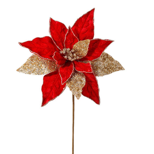 24" Red and Gold Velvet Poinsettia Stem with Glitter – Festive Christmas Decoration