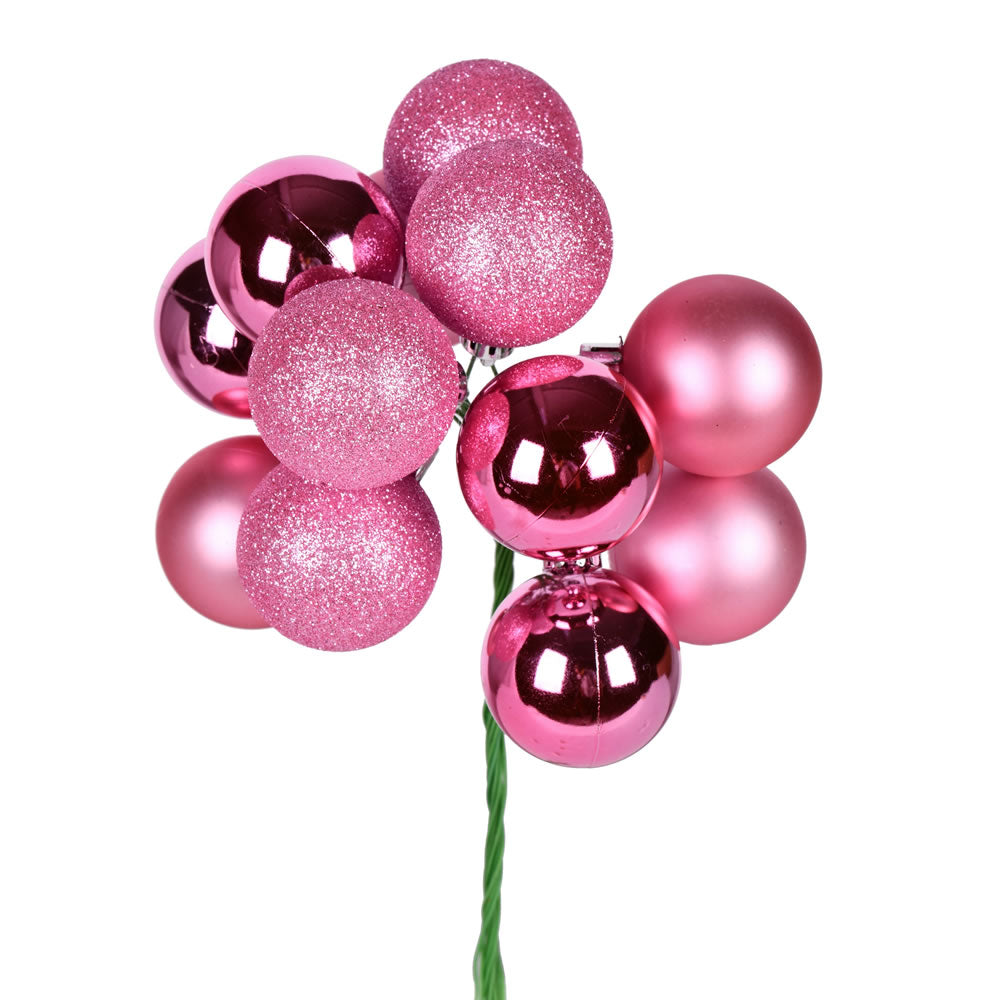 12" Pink Christmas Ball Ornament Pick with Glitter, Shiny & Matte Finishes