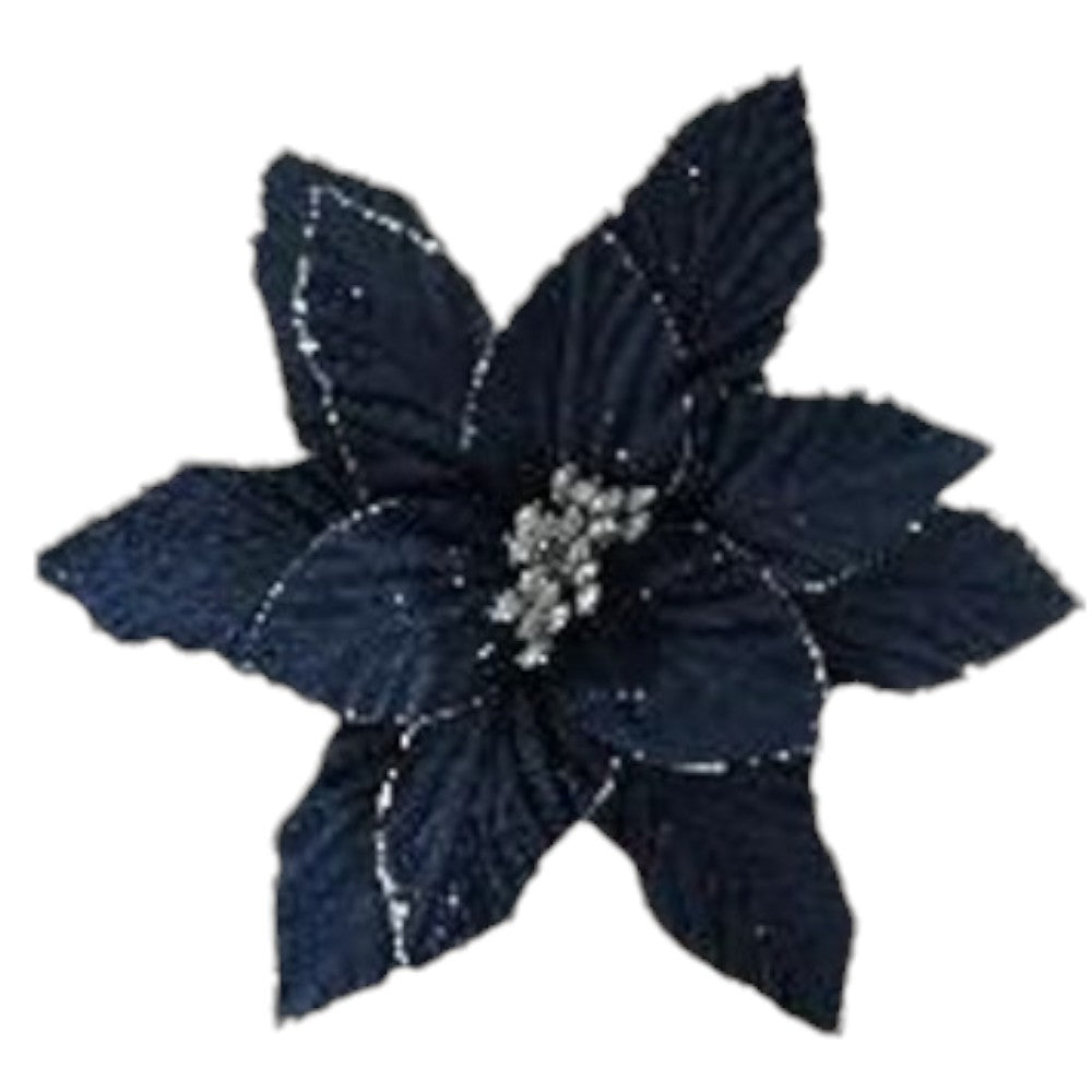 9" Dark Blue Poinsettia Pick with Silver Accents