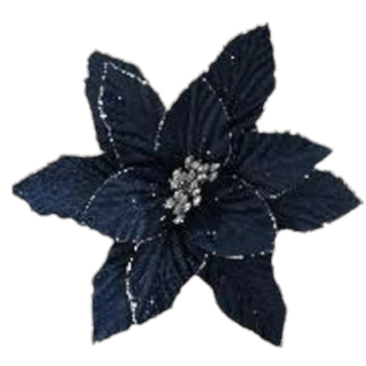 9" Dark Blue Poinsettia with Silver Accents – Luxurious Holiday Floral Pick