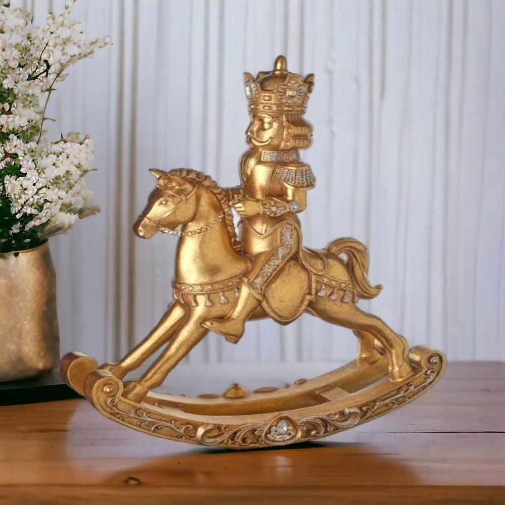 20" Resin Golden Nutcracker Rocking Horse: Elegant Christmas Decoration with Classic Charm