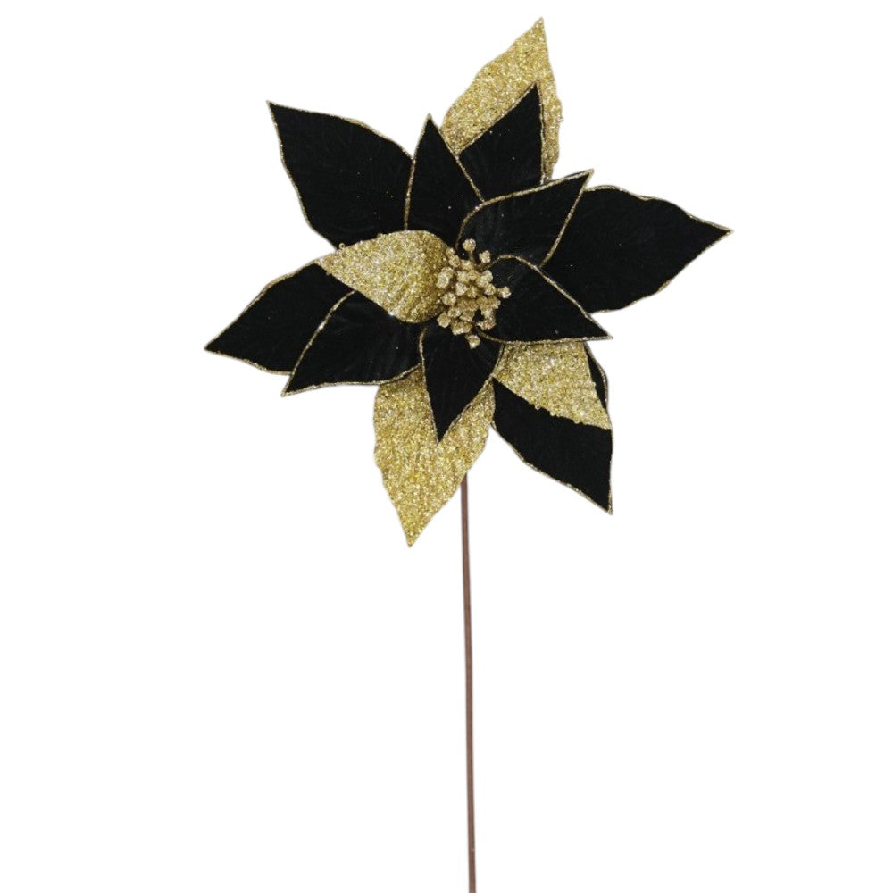 Black and gold glitter velvet poinsettia floral pick alternate view