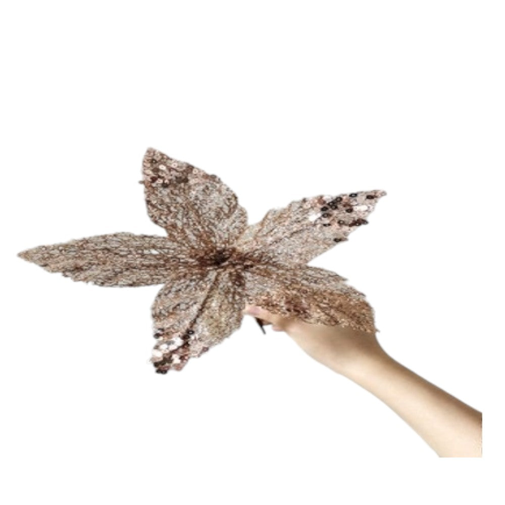 6" Rose Gold Sequined Floral Pick – Glamorous Christmas Flower Decoration