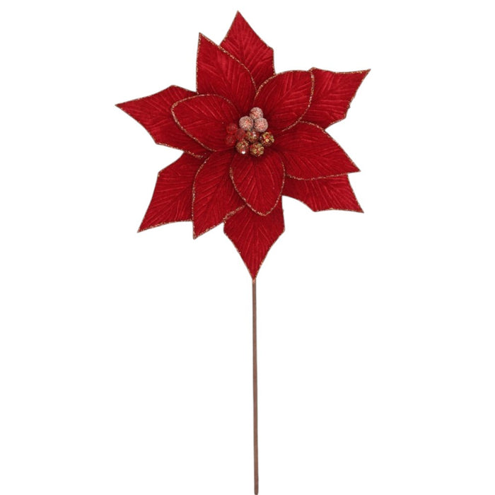 20-inch classic red velvet poinsettia pick with gold glitter trim