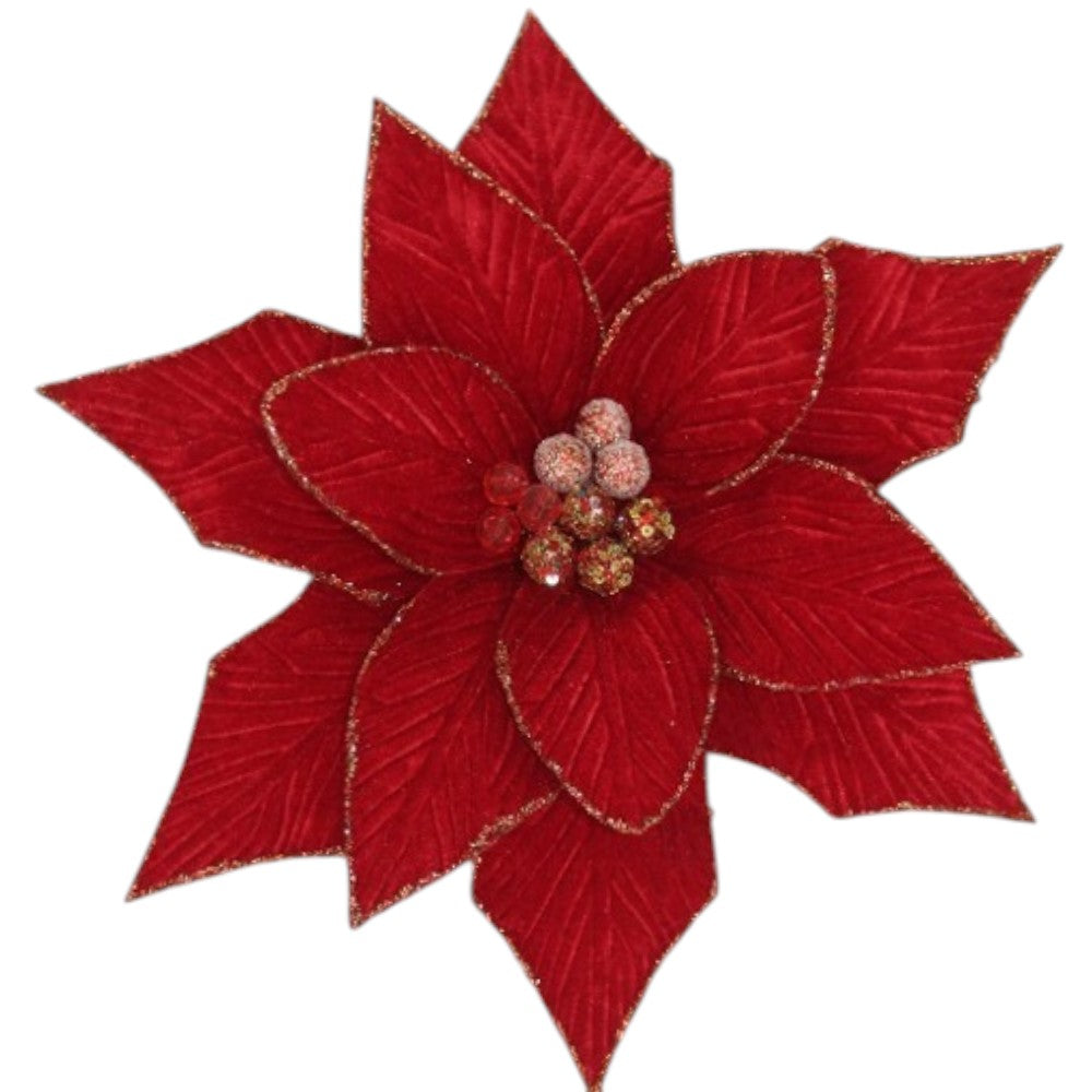 Red velvet Christmas poinsettia floral pick with glitter trim alternate view