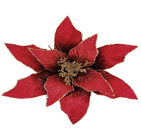 24" Red Velvet Poinsettia Flower with Gold Glitter Edge – Elegant Christmas Floral Decoration