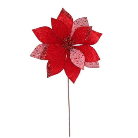 12" Red Glitter Poinsettia Pick  – Christmas Floral Decoration